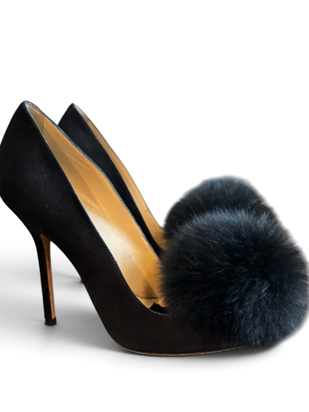 Racine Carree Black Velvet Pom-Pom Heel Pumps EU 37